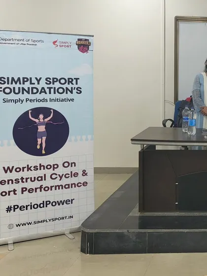 Our 'Simply Periods' initiative banner stands tall at a workshop on the menstrual cycle and sport performance at Banaras Hindu University. The #PeriodPower branding reinforces our message of empowerment.