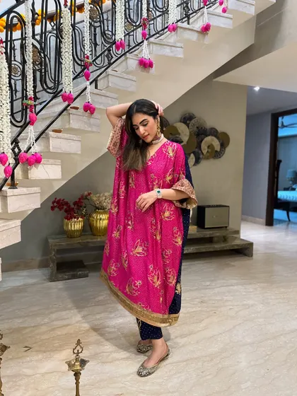 My Diwali look for 2024. This pink kaftan is vibrant and comfortable, perfect for celebrating with family and friends at home.