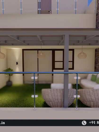 A render of a cozy balcony lounge with artificial grass and a simple pergola cover, viewed from the exterior.