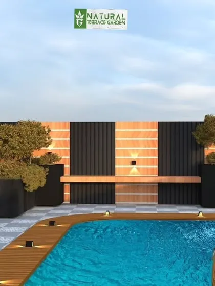 An alternate view of the proposed pool design. This render shows the seating bench integrated into the wall, providing a place to relax by the water.