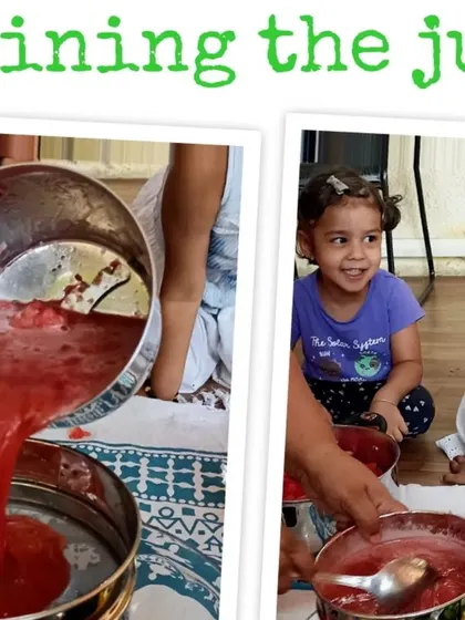 The children watch with anticipation as we strain the blended watermelon juice. This step helps them understand processes like separating solids from liquids to achieve a smooth texture.