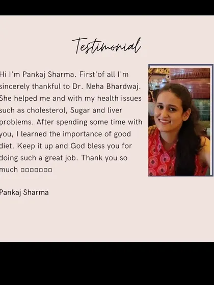 I am so thankful for Pankaj's kind words. He came to me with concerns about cholesterol, sugar, and liver problems, and through our work together, he learned the importance of a good diet and saw his health markers improve.