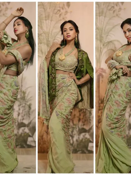A collage showing different ways to style the sage green floral saree, including with a matching embroidered jacket for a layered look.