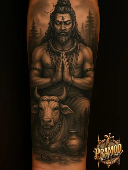 A beautiful depiction of Mahadev with Nandi and a kalash (pot). This design represents devotion, prosperity, and the peaceful energy of the divine, set against a forest backdrop.