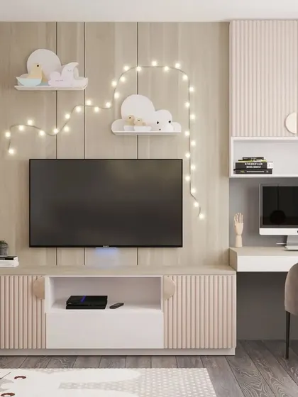 A multi-functional kid's room with a TV and entertainment unit, a compact study desk, and a small indoor gym area with a climbing wall and rings.