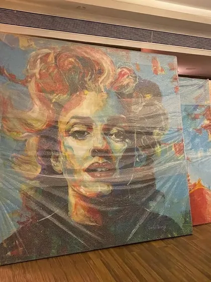 A large Marilyn Monroe commission, wrapped and ready for delivery. We ensure every painting is protected for its journey.