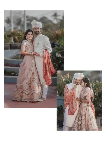A set of photos from an engagement shoot, featuring both a classic portrait and a more candid, interactive shot.
