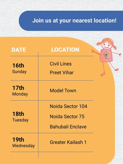 Delhi parents, here are more dates for our free orientations! Join us at Civil Lines, Preet Vihar, Noida, and Greater Kailash to get a glimpse of our interactive, play-based activities.