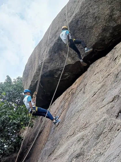 Two participants from the Air Force camp rappelling side-by-side.