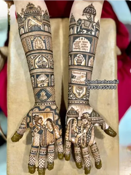 This story-telling mehendi includes various wedding rituals in different panels, from the pheras to the exchange of garlands, creating a visual timeline of the ceremony.