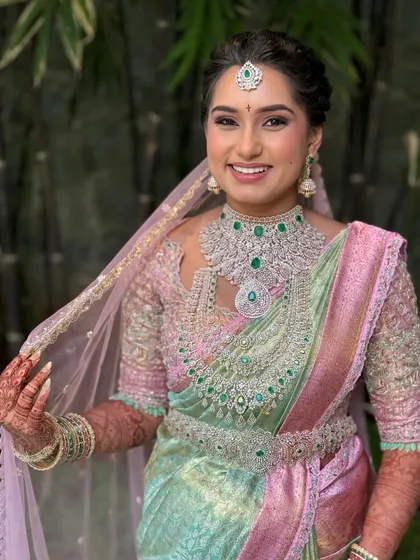 A happy moment captured. Manasa's smile shows the confidence that comes from feeling truly beautiful on her wedding day.