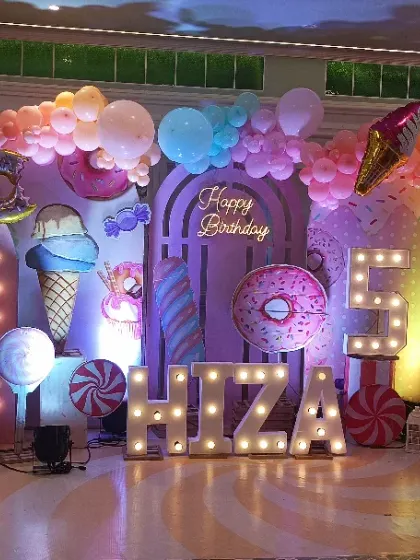 This is what a full-scale Candyland dream looks like! I love creating these huge, immersive backdrops with giant candy props, custom marquee letters for the name and age, and tons of colorful balloons. It's a super popular theme that makes any kid's birthday party feel magical.