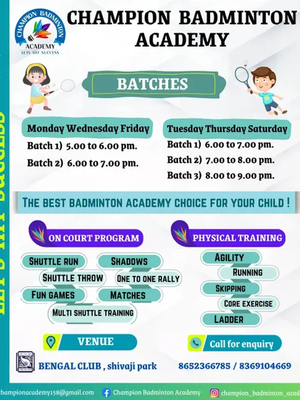 Here are the details for our batches at the Bengal Club, Shivaji Park. We offer a structured program that includes on-court drills and off-court physical training to develop well-rounded players.