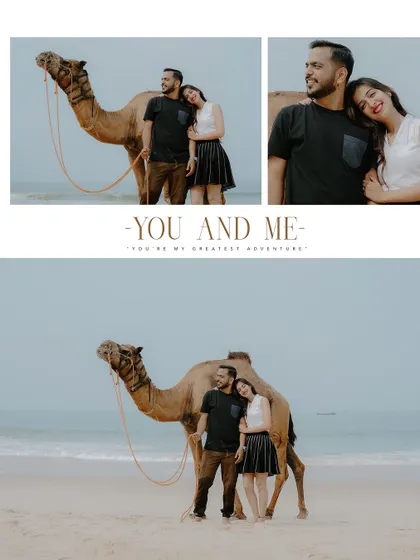 A romantic collage from the camel beach shoot. It combines wide shots with intimate close-ups to tell a story of adventure and togetherness.