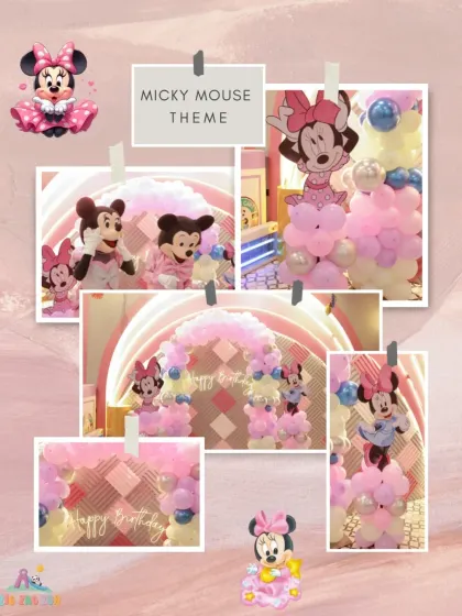 A classic and adorable Mickey and Minnie Mouse theme! This collage shows the cute balloon decorations and character appearances that made this party so special.