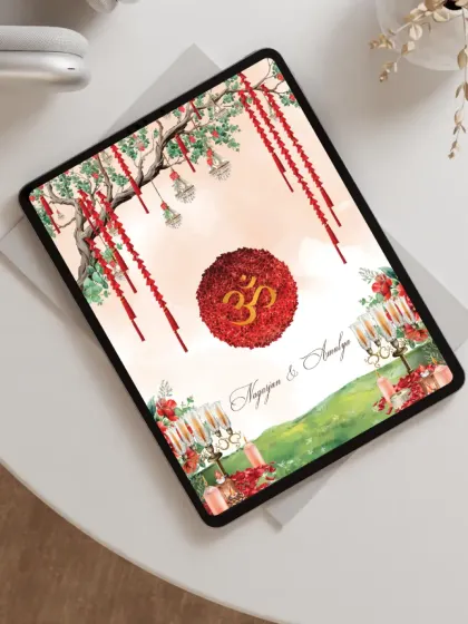 A digital save-the-date featuring a sacred Om symbol made of marigolds. The illustration includes a tree with hanging floral tassels and a watercolor landscape, blending spiritual and natural elements.