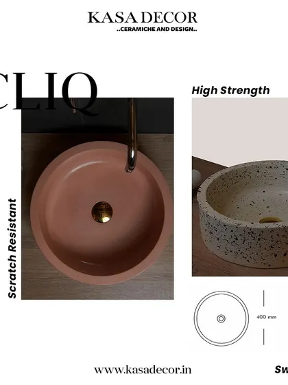 Our 'Cliq' circular concrete basin, shown here in a terracotta and a terrazzo finish. It is scratch-resistant and offers high strength, perfect for a minimalist yet impactful design.