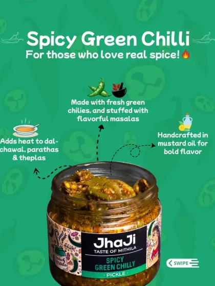 For those who love real spice, our Spicy Green Chilli pickle is made with fresh green chillies stuffed with flavourful masalas. It's handcrafted in mustard oil for a bold flavour that adds heat to any meal.