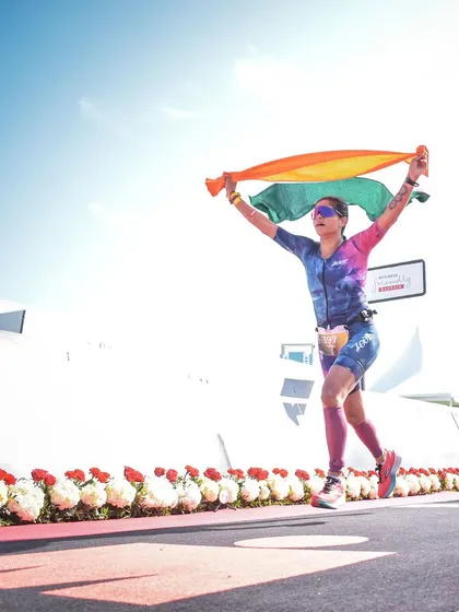 The finish line at Ironman Bahrain. Carrying the Indian flag across the finish line is a moment I'll never forget.