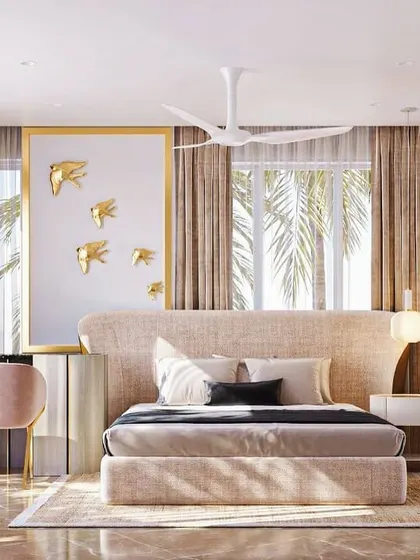 A serene and luxurious bedroom design. The focal point is a custom art piece with golden fish, symbolizing luck and prosperity, which adds a touch of glamour to the calm, neutral space.