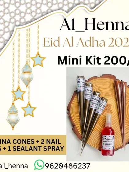 My Eid Mini Kit is a great gift or personal set. It includes 4 henna cones, 2 nail cones, and a sealant spray to make your designs pop.