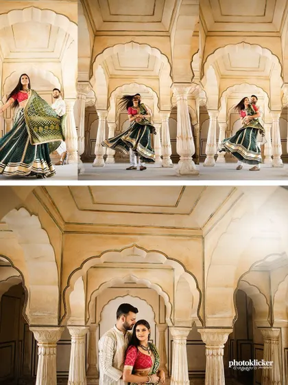 A dynamic collage from a Jaipur palace shoot, capturing the bride's twirling lehenga and other romantic moments.