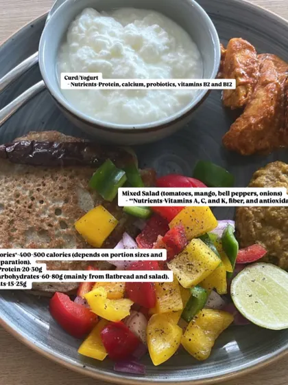 This is what a client's protein-packed and fiber-rich lunch looks like. A balanced plate with mixed salad, curd yogurt, and flatbread, totaling 400-500 calories. My plans are about nourishing your body, not depriving it.