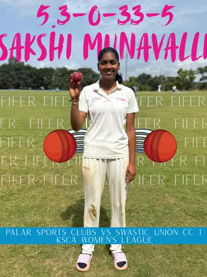 Sakshi Munavalli celebrating her fifer, a 5-wicket haul, in the KSCA Women's League. Her pace and aggression make her a formidable bowler for any opposition.