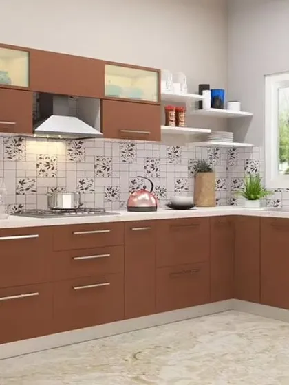 This L-shaped kitchen features warm brown cabinets with a glossy finish. We used a patterned backsplash to add a decorative touch and included open white shelves for easy access to everyday items.
