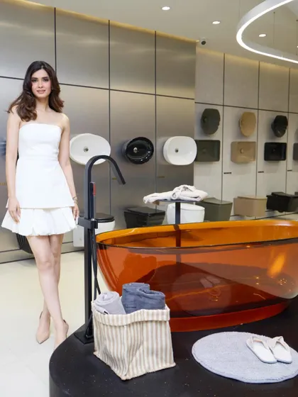 The elegant Diana Penty posing with Sternhagen's luxury bathware. My advertorial shoots place the celebrity endorser in the brand's world seamlessly.