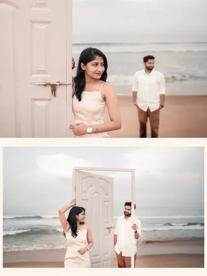 A creative pre-wedding shoot on the beach, using a door as a prop to symbolize opening a new chapter together. It's a unique and artistic concept.