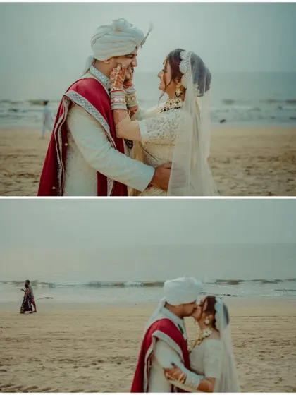 A collage of romantic moments from a beach photoshoot, capturing both playful interactions and passionate kisses.
