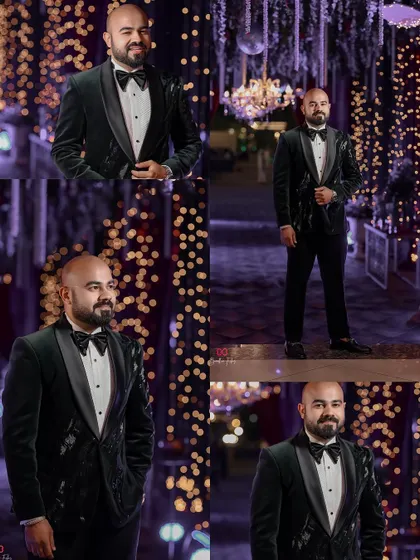 A collage of portraits of the groom on his engagement night, looking sharp and dapper in his velvet tuxedo against a backdrop of beautiful lights.