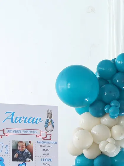 A personalized milestone board for Aarav's first birthday, highlighting his favorite things and key achievements. This is a wonderful keepsake for parents.