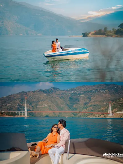 A collage showcasing the scale of Tehri Lake, with one shot of the couple on a boat and another featuring the Dobra Chanti Bridge.
