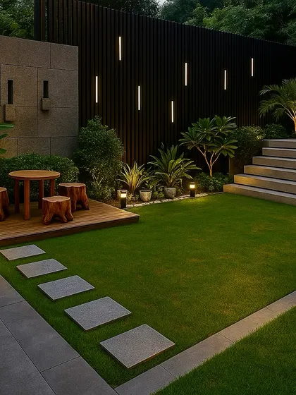 This 3D render for a Bangalore backyard shows a multi-level design with a lawn, a raised wooden deck, and dramatic lighting on the feature wall.