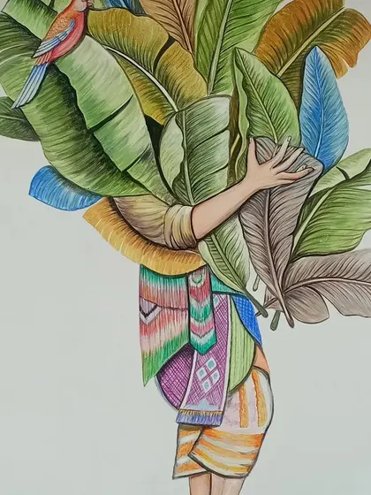 The completed painting of the person made of leaves. This imaginative piece is a great example of how we can turn any creative idea into a beautiful wall mural.