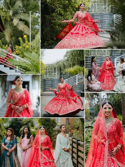 A collage of a bride in her red wedding lehenga, posing in a garden and with her bridesmaids, capturing her joy and the beauty of her surroundings.