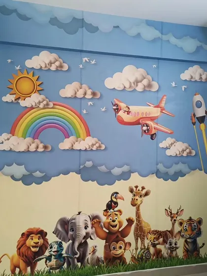 A cheerful mural with jungle animals, a rainbow, and an airplane, combining many elements kids love.