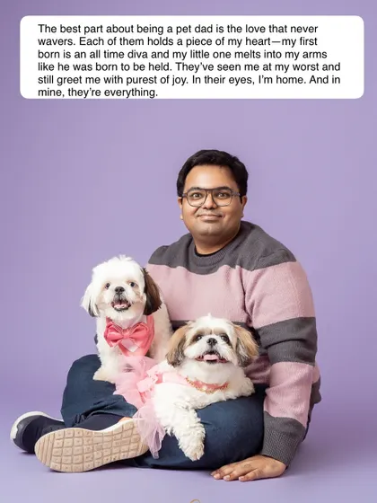 A fun and colorful studio shot! This pet dad is surrounded by his two adorable dogs on a vibrant purple background, showcasing a modern and playful side of my studio work.