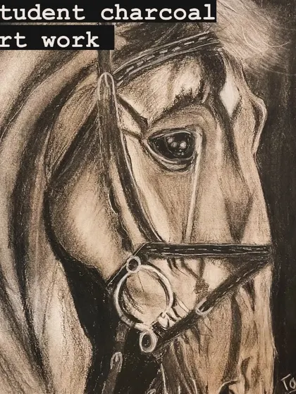 A close-up of the student's charcoal horse drawing. The shading and detail work are excellent.