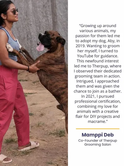My journey began with my own dog, Aby. Wanting to groom her myself led me to discover my passion. I started as a bather, pursued professional certification in 2021, and combined my love for animals with a creative flair.