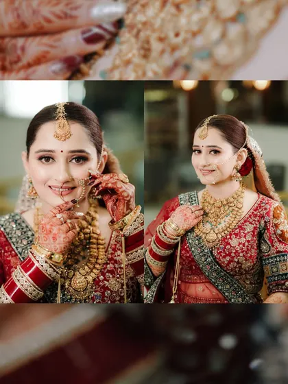 A diptych of the bride's portraits, showcasing her traditional jewelry and the details of her makeup and hair.