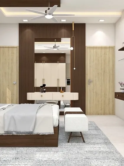 This angle shows the relationship between the bed, the TV unit, and the dressing area. We ensure every element is placed thoughtfully to create a cohesive and practical layout that is easy to live in.