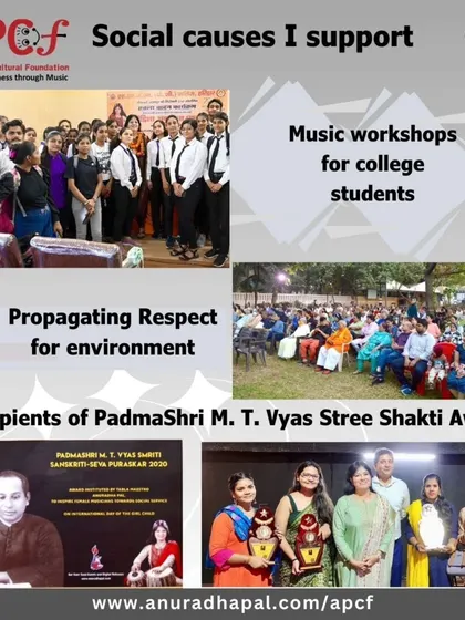 My social initiatives include music workshops for college students and promoting respect for the environment. I also instituted the Padmashri M. T. Vyas Stree Shakti Award to empower women in the arts.