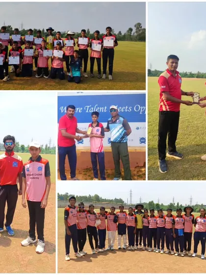 A collage showing our team celebrating with certificates and awards after a 7-wicket win in the EISB Cup U-14.