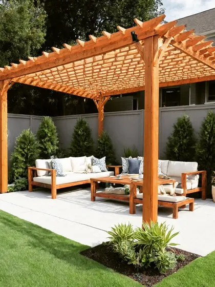 A beautiful wooden pergola with a lattice roof cover, providing filtered sunlight for the seating area below. The structure is set on a light concrete patio, surrounded by a neat lawn and privacy fence.