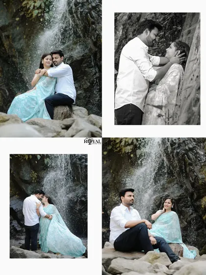 A collage of a couple in light blue outfits sharing intimate moments by a waterfall, with a mix of color and monochrome edits.