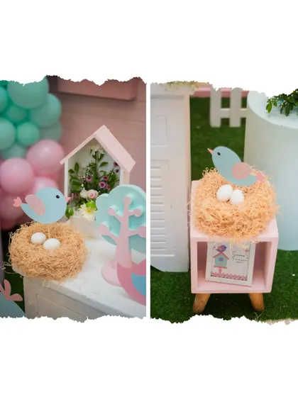 A collage of the bird-and-nest props, showing the delicate and sweet details of this theme.