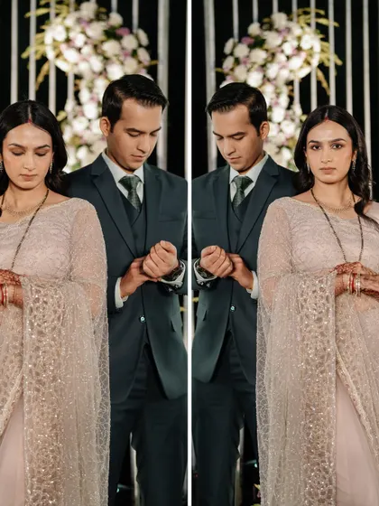 A creative, mirrored portrait of the couple, reflecting their unity and the start of their shared journey.